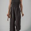 Women's Black Spaghetti Strap Shirred Bodice Wide Leg Jumpsuit with Pockets - Image 3