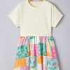 Women's Green Floral Patchwork T-Shirt Pleated Mini Dress with Short Sleeves - Image 6