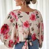 Women's Rose Floral 3/4 Sleeve Lace-up Back Blouse - Image 2