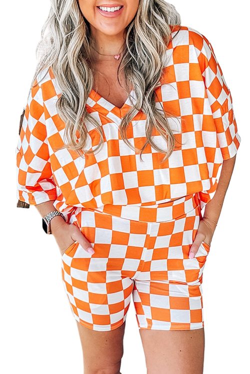 Women's Orange Checkerboard Print V Neck Loose Tee and Shorts Lounge Set