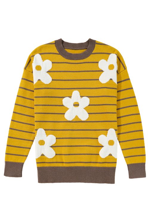 Women's Cozy Yellow Stripe Daisy Floral Round Neck Sweater for Winter