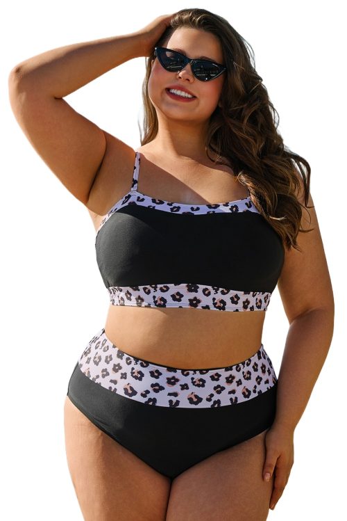 Plus Size Women's Black 2-Piece Leopard Patchwork High Waisted Swimsuit