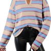 Women's Apricot Stripe Collared V Neck Drop Shoulder Loose Sweater - Cozy & Chic - Image 2