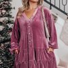 Plus Size Velvet Meadow Mauve Tiered Buttons Dress with V Neck - Image 6