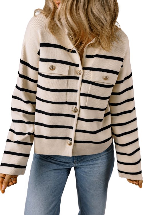 Women's Classic Black Stripe Flap Pocket Buttoned Cardigan Sweater