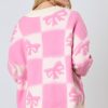 Women's Pink Bowknot Checkered Pattern V Neck Drop Shoulder Button Up Cardigan - Image 3