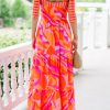 Women's Red Abstract Print Knotted Shoulder High Waist Maxi Dress for Vacation - Image 3