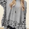 Women's Gray Leopard High Neck Oversized Side Slit Sweater - Image 2