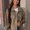 Female Dark Khaki Textured Chest Pocket Long Sleeve Shirt Jacket - Image 9