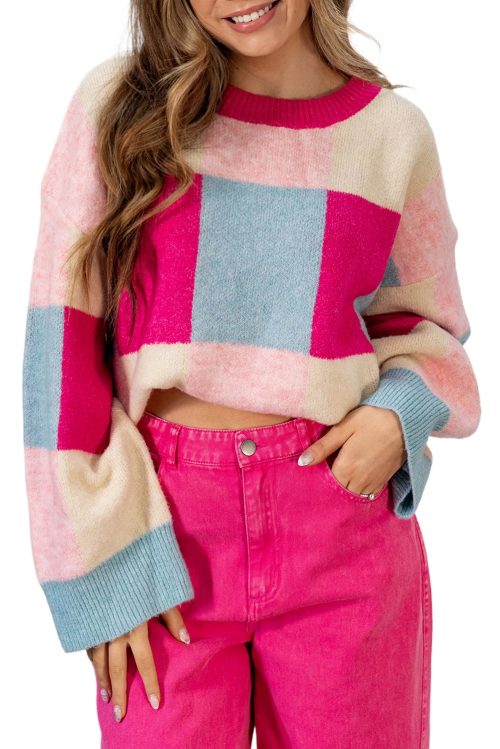 Women's Rose Red Color Block Drop Shoulder Crewneck Loose Fit Sweater