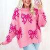 Women's Pink Bow Pattern Drop Shoulder Loose Fit Sweater - Cozy Winter Knit - Image 3