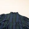 Elegant Green Stripe Plaid Puff Sleeve Blouse with Frilled Trim - Image 9