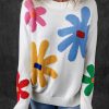 Women's White Floral Pattern Crew Neck Sweater - Image 6