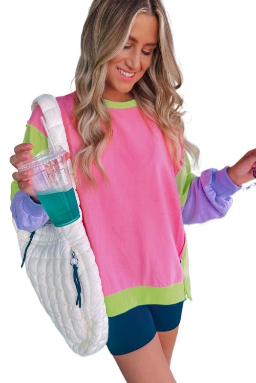 Women's Pink Colorblock Exposed Seam Crewneck Casual Sweatshirt