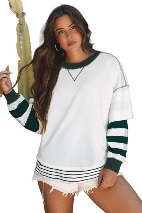 Women's White Stripe Colorblock Sleeve Exposed Seam Fake-2-Piece Sweatshirt