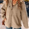 Women's Pale Khaki Fleece Zip Up Hooded Jacket with Drawstring and Pockets - Image 12