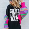 Women's Game Day Black Checkerboard Rugby Football Helmet Graphic T-Shirt - Image 6