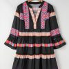 Women's Black Ethnic Print Buttoned V Neck Bell Sleeve Ruffle Patchwork Dress - Image 2