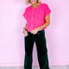 Bright Pink Distressed Hem Short Sleeve Knitted Button Front Sweater for Women - Image 7