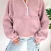 Women's Fuchsia Plush Sweatshirt with Stand Neck, Half Button, and Zipped Pockets - Image 2