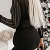 Women's Black Rhinestone Decor Striped Mesh Long Sleeve Bodysuit for Night Out - Image 4