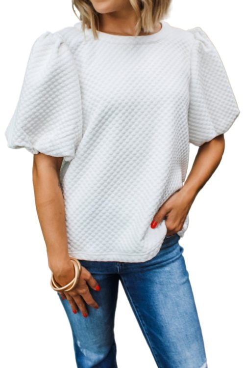 Women's White Solid Textured Puff Sleeve Blouse - Chic and Elegant O Neck Top