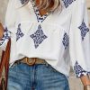 Women's White Boho Geometric Print V Neck Blouse with Bracelet Sleeves - Image 5