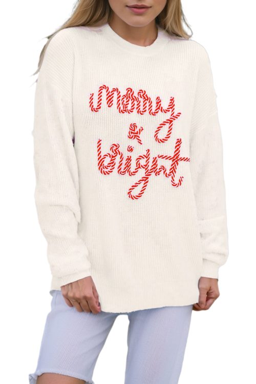 Women's White Striped Merry Bright Letter Christmas Sweater