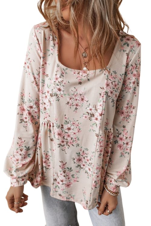 Women's Pink Floral Print Pleated U Neck Loose Fit Blouse - Elegant and Charming