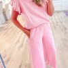 Chic Pink Textured Pearled Ruffled Sleeve Wide Leg Pants Set for Women - Image 3