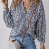 Women's Elegant Blue Floral Print Notched V Neck Puff Sleeve Blouse - Image 4