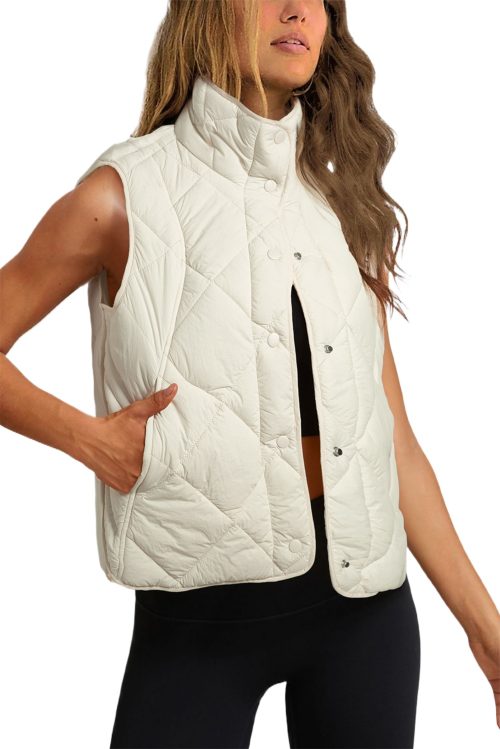 Women's Beige Quilted High Neck Button Up Pocket Vest Coat - Stylish and Warm Outerwear