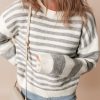 Women's Gray Stripe Drop Shoulder Crew Neck Sweater - Image 8