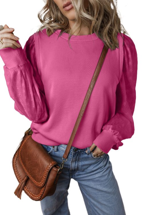 Women's Bright Pink Textured Patchwork Round Neck Sweatshirt