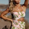 Women's Pink Tropical Asymmetric Cut-Out Halter Backless One Piece Swimwear - Image 12