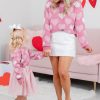 Women's Cozy Pink Pearled Heart Print Crew Neck Sweater for Valentine's Day - Image 3