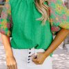 Women's Bright Green Floral Puff Sleeve Ruffled Collar Top - Image 2