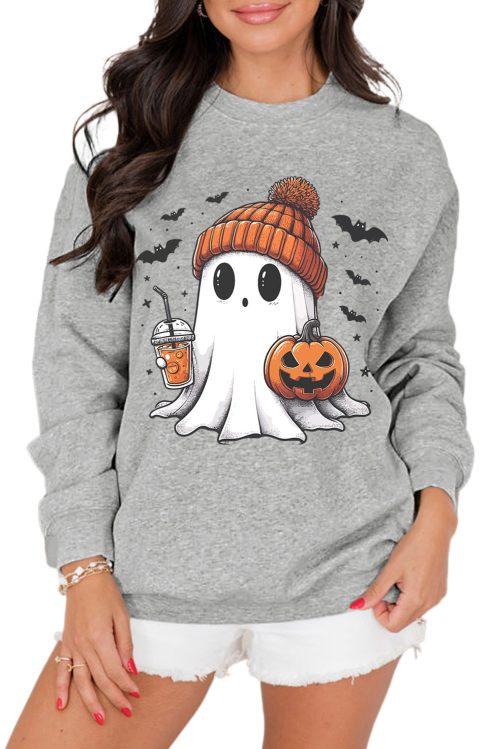 Women's Gray Halloween Ghost Print Crewneck Drop Shoulder Sweatshirt