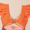 Elegant Orange Ruffle Sleeve Tricolor Cutout Front Ring One Piece Swimsuit - Image 23