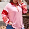 Plus Size Rose Striped Patchwork Side Split Collared Sweatshirt - Image 3