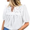 Women's White Embroidered Lace Patchwork Tie Neck Puff Short Sleeve Blouse - Image 24