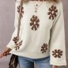 Women's White Colorblock Floral Pattern Long Sleeve Sweater - Image 7