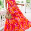 Women's Red Abstract Print Knotted Shoulder High Waist Maxi Dress for Vacation - Image 2