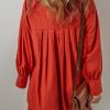 Women's Tomato Red Bishop Sleeve Button Up Pleated Mini Dress - Image 2