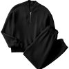 Women's Black Plain Half Zip V-Neck Ribbed Edge Loose Tracksuit - Image 16