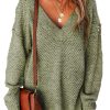 Women's Jungle Green Loose Eyelet V Neck Drop Shoulder Sweater - Stylish Casual Winter Wear - Image 5