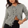 Women's Philippine Gray Ribbed Knit Bow Front Buttoned Cardigan - Elegant and Cozy - Image 3