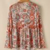 Women's Orange Floral Print Deep V Neck Knot Bell Sleeve Blouse - Chic & Feminine - Image 4