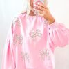 Women's Light Pink Oversized Pullover Sweatshirt with Embroidered Bow and Lantern Sleeves - Image 3