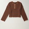 Women's Brown Stripe Textured Frilly Trim Long Sleeve Henley Top - Image 3